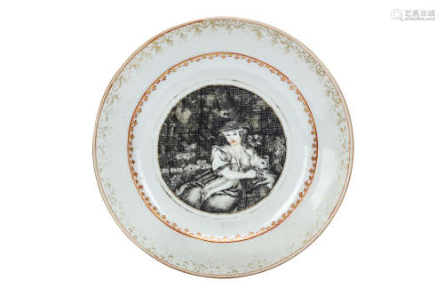 A CHINESE GRISAILLE DECORATED 'EUROPEAN LADY WITH LAMB' DISH. Qing Dynasty, Qianlong era, circa