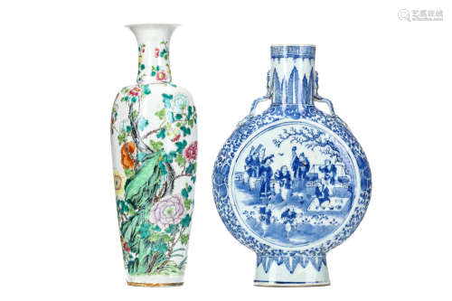 A CHINESE FAMILLE ROSE VASE, TOGETHER WITH A BLUE AND WHITE MOON FLASK. Qing Dynasty. The first of