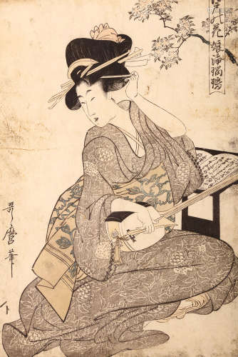 UTAMARO (1753 – 1806). Oban tate-e, with a title Edo no hana, Musume Jyoruri, (The beauty of Edo,