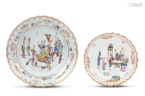 TWO CHINESE FAMILLE ROSE FIGURATIVE DISHES. Qing Dynasty, Qianlong era. Each depicting figurative