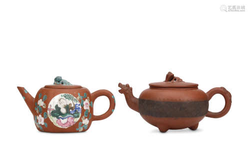 TWO CHINESE YIXING TEAPOTS AND COVERS. Qing Dynasty, 19th Century. One of lobed form, enamelled with