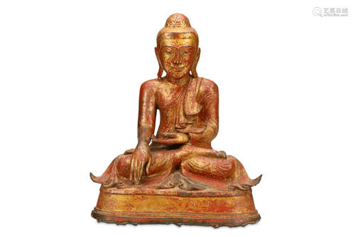 A GILT LACQUERED BRONZE SEATED BUDDHA. Burma, 19th Century. Seated in vajrasana on a shaped base,