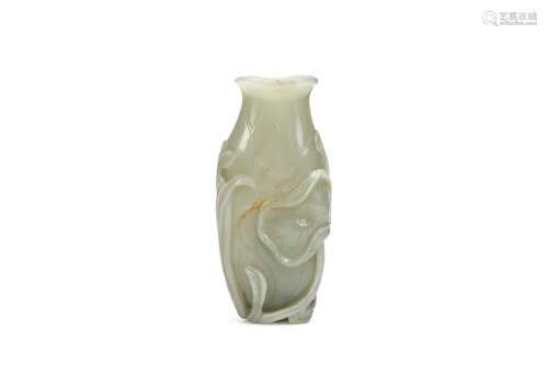 A CHINESE JADE ‘LOTUS LEAF’ VASE. Qing Dynasty. The tall compressed vase with waisted neck formed as