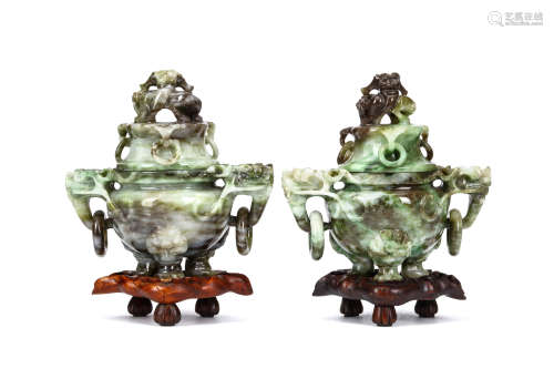 A PAIR OF CHINESE JADE CENSER WITH COVERS AND STANDS. 20th Century. The body of each supported on