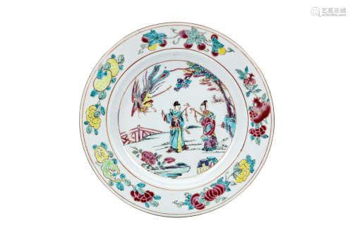 A CHINESE FAMILLE ROSE 'FIGURES AND PHOENIX' DISH. Qing Dynasty, Yongzheng era, circa 1735. Richly