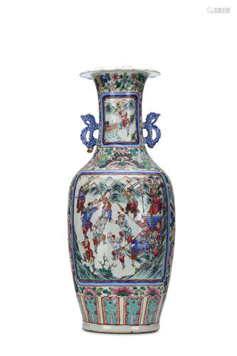 A LARGE CHINESE FAMILLE ROSE VASE. Qing Dynasty. Decorated with figurative panels among flowers