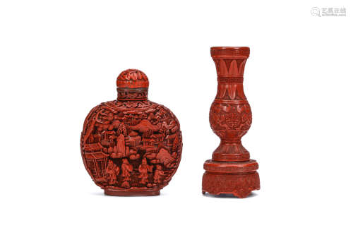 A CHINESE CINNABAR LACQUER TOOL VASE TOGETHER WITH A SNUFF BOTTLE. Qing Dynasty. The vase with a