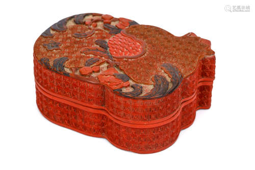A CHINESE THREE-COLOUR CINNABAR LACQUER 'POMEGRANATE' BOX AND COVER. Qing Dynasty, 18th Century.