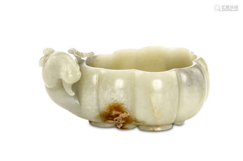 A CARVED JADE ‘RAM’ BRUSH WASHER, BIXI. 17th Century. Carved in the form of a nine-lobed leaf on a