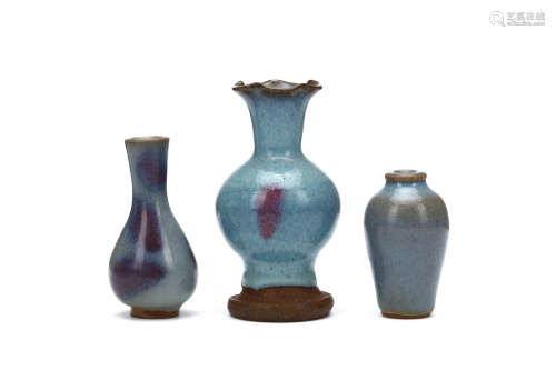 THREE CHINESE JUN WARE VASES. Song Dynasty, or later. One of pear-shaped form with a flaring neck,