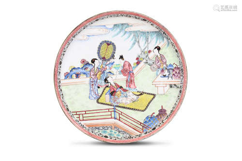 A CHINESE CANTON ENAMEL DISH. Qing Dynasty, 18th Century. Decorated with an unusual scene of a