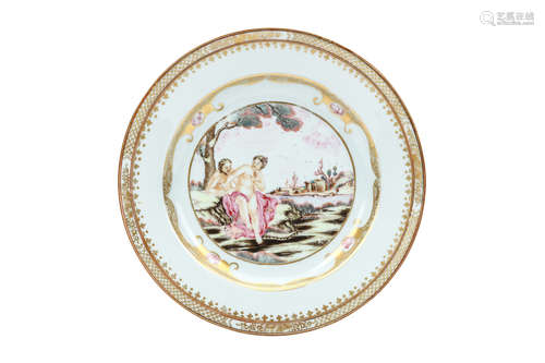 A CHINESE FAMILLE ROSE EUROPEAN SCENE DISH. Qing Dynasty, Qianlong era, circa 1760. Depicting a