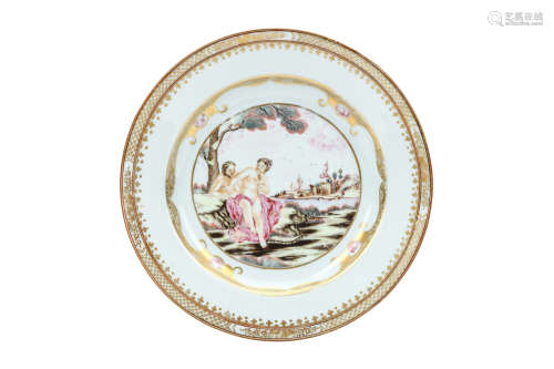 A CHINESE FAMILLE ROSE EUROPEAN SCENE DISH. Qing Dynasty, Qianlong era, circa 1760. Depicting a