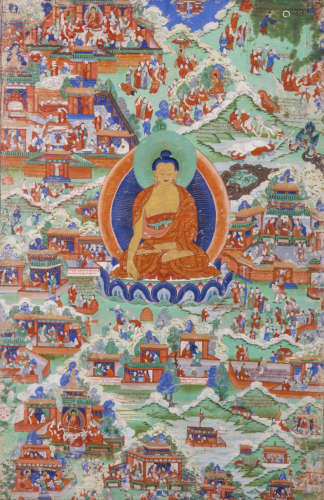 A CHINESE THANGKA FROM AN AVADANAKALPALATA SET. 19th Century. With Shakyamuni gazing out from the