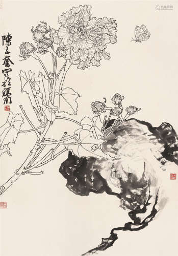 陈子奋（1898～1976） 白描花卉 镜片 水墨纸本