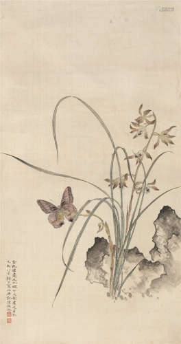 陈佩秋（b.1922） 1959年作 兰蝶图 镜片 设色绢本
