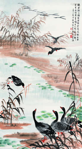吴青霞（1910～2008） 1983年作 芦荡雁影 立轴 设色纸本