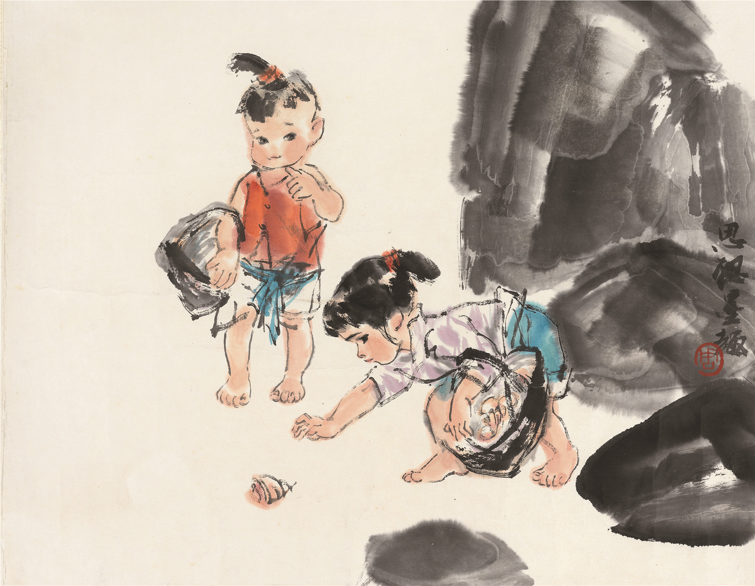 周思聪(1939～1996) 捡贝壳 镜片 设色纸本