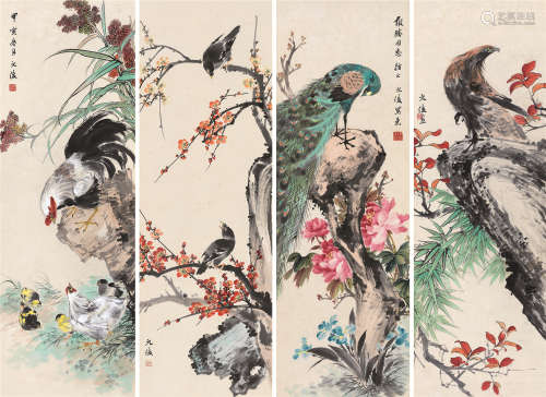 戴元俊（1912～1982） 1974年作 花鸟 四屏轴 设色纸本