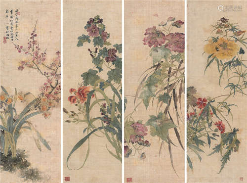 陶璐（1774～1850） 1792年作 花卉 四屏轴 设色绢本