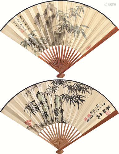 徐绍青（1919～1995）  陶山（1879～1950） 1916年作 竹石图 书法 （两把） 成扇 设色纸本