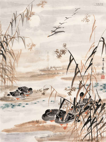 吴青霞（1910～2008） 芦影栖雁 立轴 设色纸本