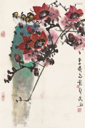 郑乃珖（1911～2005） 花发鸟欢图 立轴 设色纸本