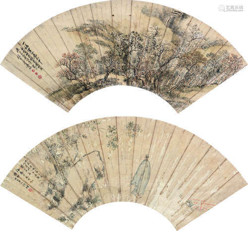 姜筠（1847～1919）  何翀（1807～1883） 1902年作 1877年作 山水 （两帧） 立轴双挖 设色纸本