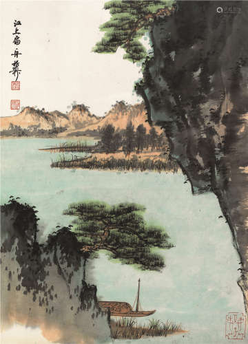 谢稚柳（1910～1997） 江上扁舟 镜框 设色纸本