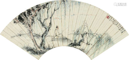 诸健秋（1890～1965） 1929年作 柳荫垂纶图 扇框 设色纸本