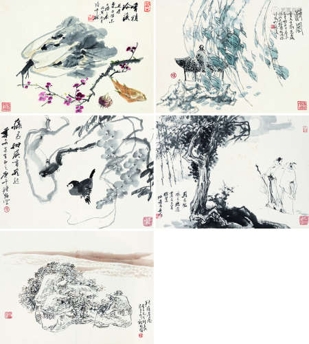 张辛稼（1909～1991）  孙君良（b.1941）  马伯乐（b.1942）  徐源绍（b.1944） 杂画 （五帧） 镜片 设色 水墨纸本