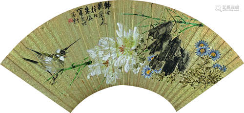 朱偁（1826～1900） 花鸟 扇片 设色泥金