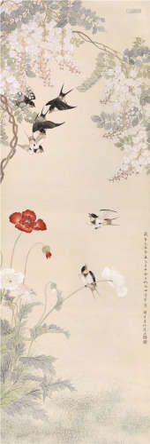 谢月眉（1906～1998） 1949年作 紫藤春燕 立轴 设色纸本