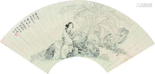 胡锡珪（1839～1883） 仕女 扇片 水墨纸本