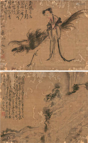 黄慎（1687～1770） 瑞兽 仕女 （二帧） 镜片 水墨绢本