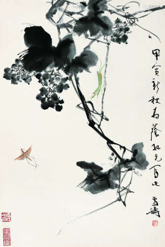 王雪涛（1903～1982） 1974年作 葡萄草虫 镜片 设色纸本