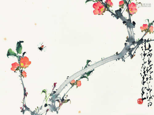 赵少昂（1905～1998） 桃花蜜蜂 镜片 设色纸本