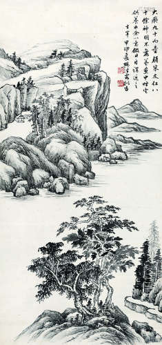 樊浩霖（1885～1962） 1944年作 拟董香光山水 立轴 水墨纸本