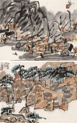 陈子庄（1913～1976） 1975年作 山水 （两帧） 镜框 设色纸本