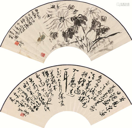 李苦禅（1898～1983）  胡絜青（1905～2001） 花卉草虫 书法 无骨扇 设色纸本