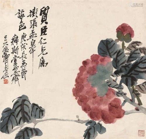 吴昌硕（1844～1927） 1910年作 牡丹 镜框 设色纸本