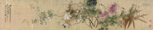 汤世澍（1831～1902） 1883年作 没骨花卉 镜片 设色绫本