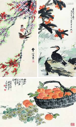 曹简楼（1913～2005）  房介复（b.1928）  唐逸览（b.1942） (喜见橙香透甲香)花鸟 （三件） 立轴 镜片 设色纸本