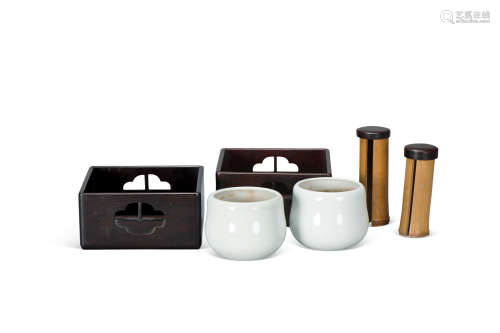清 酸枝方盒配白瓷茶道具一组