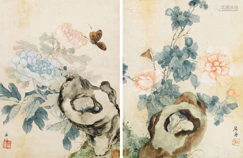居廉（1828～1904） 蝶恋花 连框 设色纸本