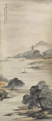 吴石僊（1845～1916） 江村雨意 立轴 设色纸本