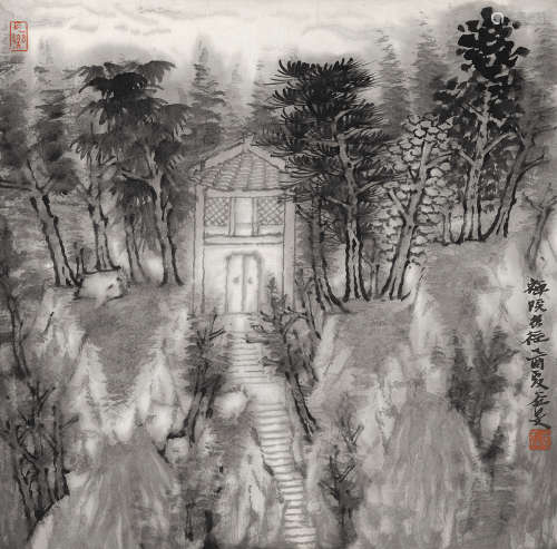 张谷旻 2005年作 禅院幽径 软片 水墨纸本