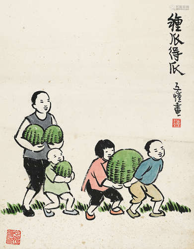 丰子恺（1898～1975） 种瓜得瓜 镜片 设色纸本