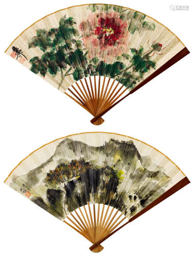 程十发（1921～2007）  谢稚柳（1910～1997） 山水 花卉 成扇 设色纸本