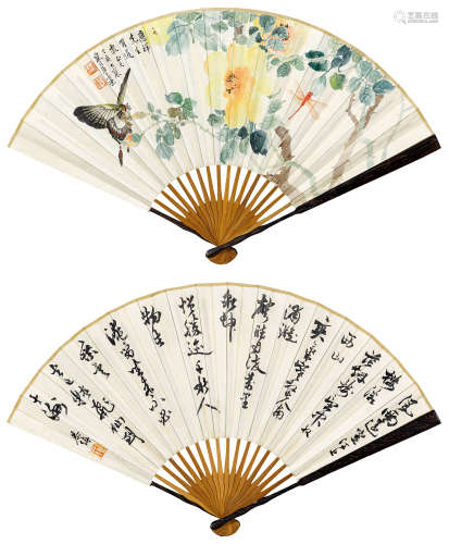 江寒汀（1903～1963）  叶恭绰（1881～1968） 花卉草虫 书法 成扇 设色纸本